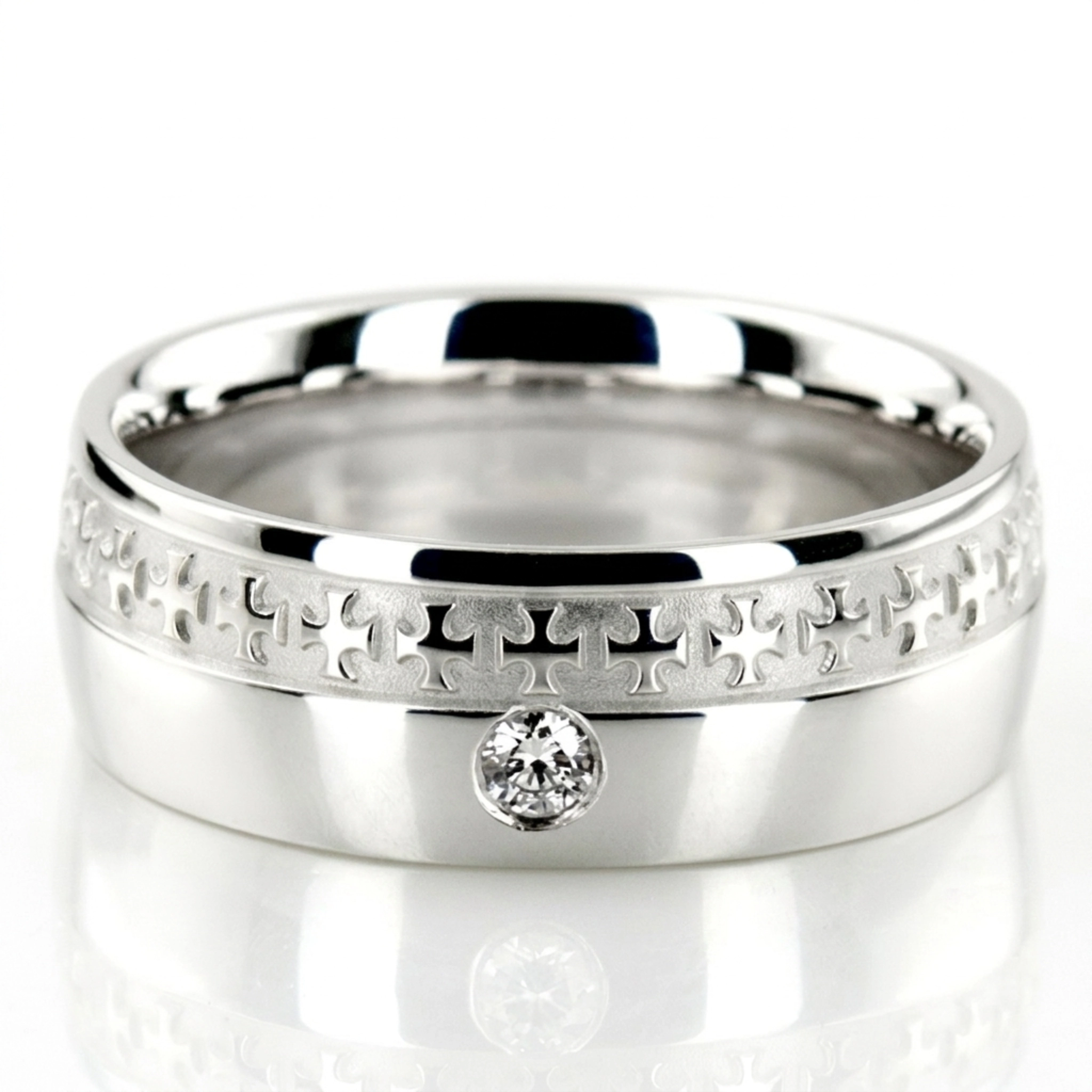 10K white gold 8mm. high polish Christian-Diamond-Wedding-Band - main view