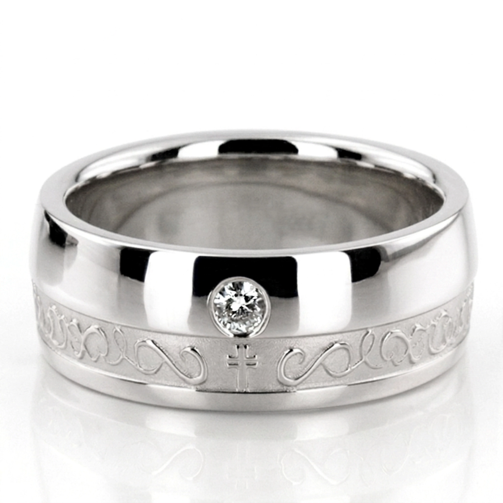 10K white gold 8mm. high polish Traditional-Cross-Diamond-Wedding-Ring - main view