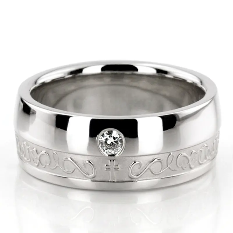 14K white gold 8mm. high polish Traditional-Cross-Diamond-Wedding-Ring - alternate view 2