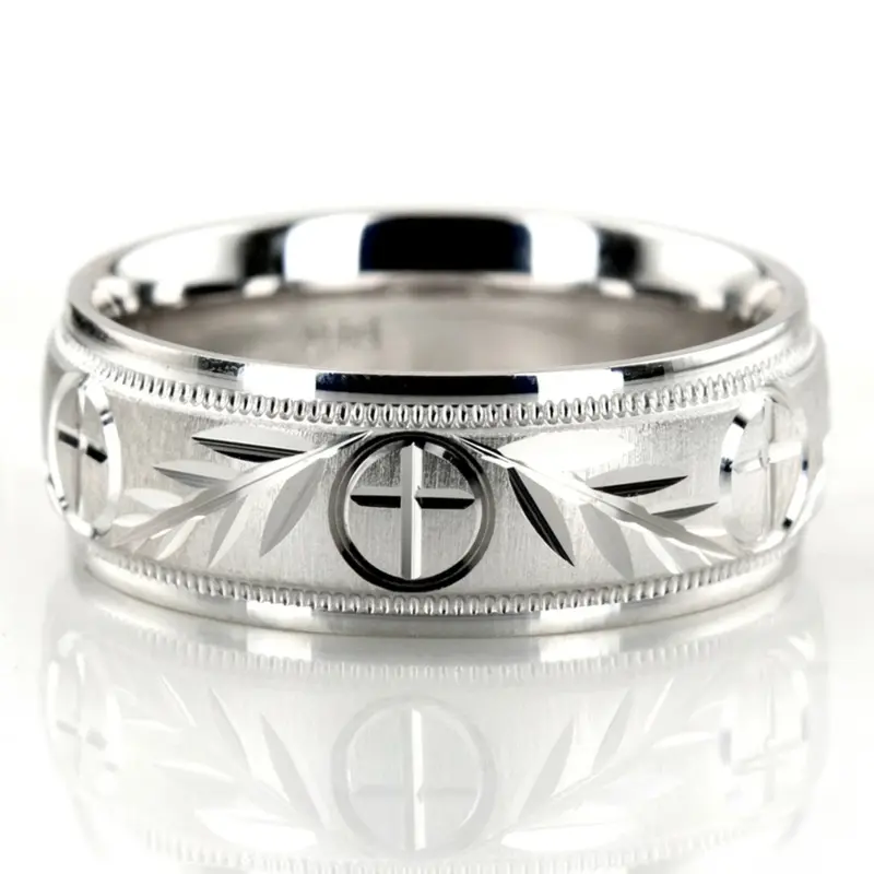 10K white gold 7mm. cross satin Religious-Leaf-Design-Wedding-Band - alternate view 2
