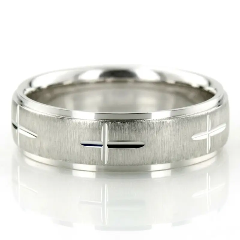 18K white gold 6.5mm cross satin basic-carved-religious-wedding-band - main view