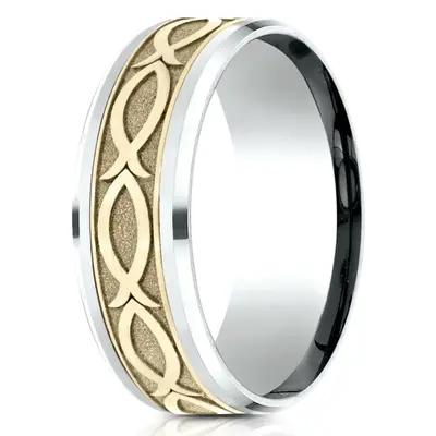 Benchmark 8mm Drop Bevel Ichthys Design Band - view 1 of 3