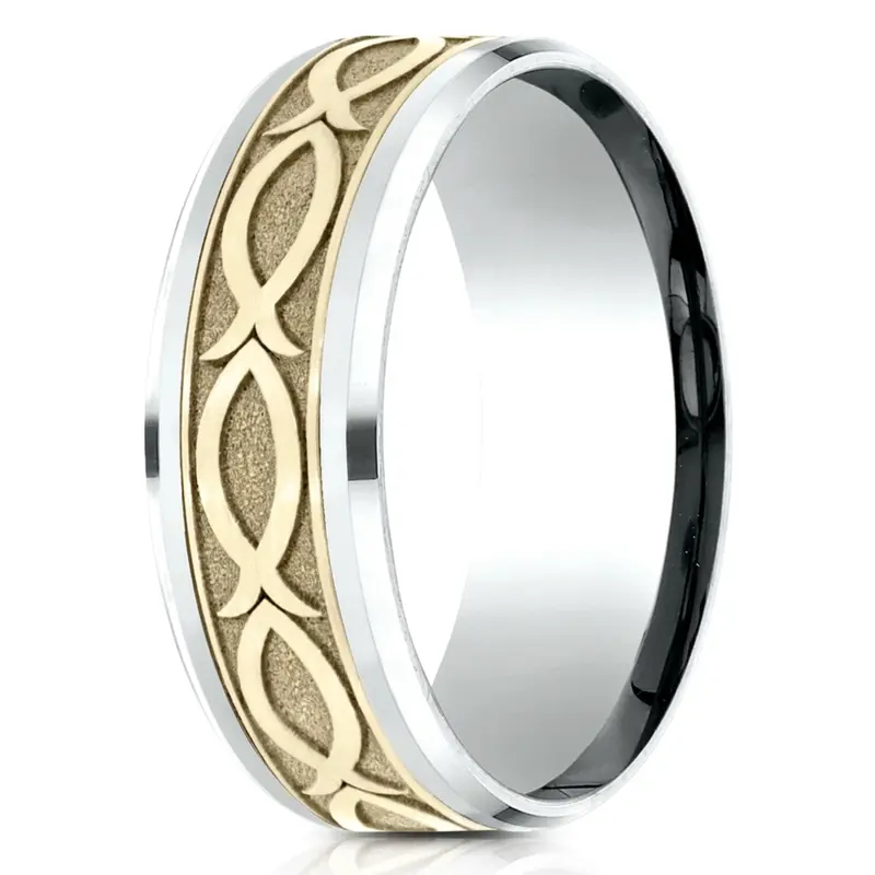 14K white-yellow-white gold 8mm. same as picture Benchmark-8mm-Drop-Bevel-Ichthys-Design-Band - main view