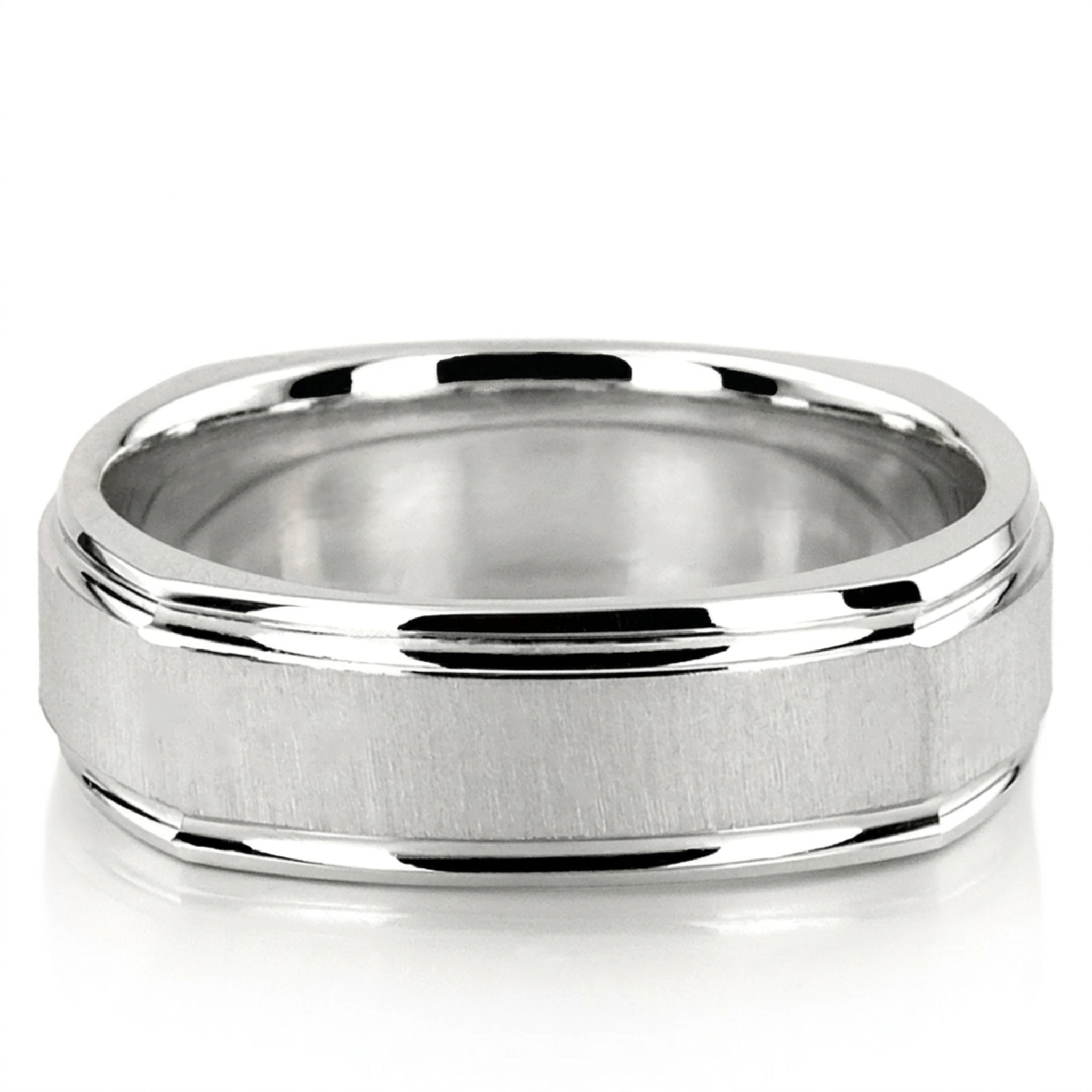 14K white gold 7mm. cross satin basic-carved-square-wedding-band - main view