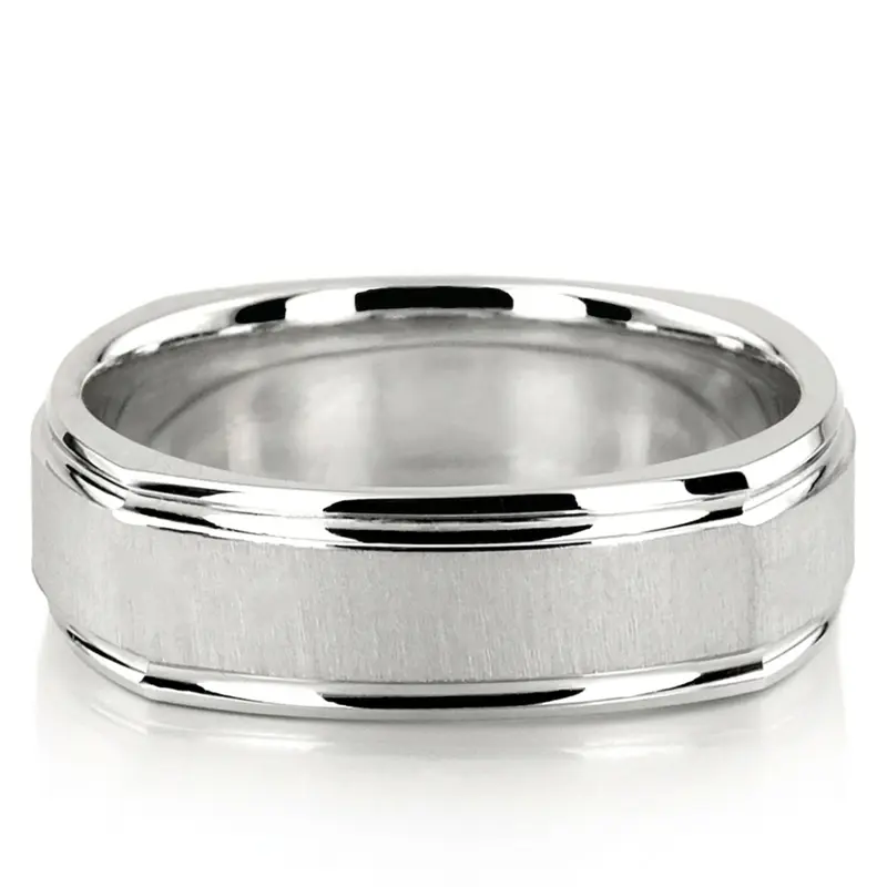 18K white gold 7mm. cross satin basic-carved-square-wedding-band - main view