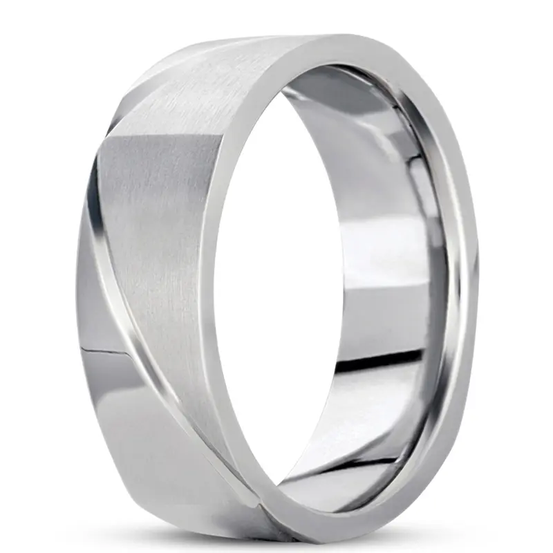 10K white gold 7mm. satin basic-carved-square-wedding-band - main view