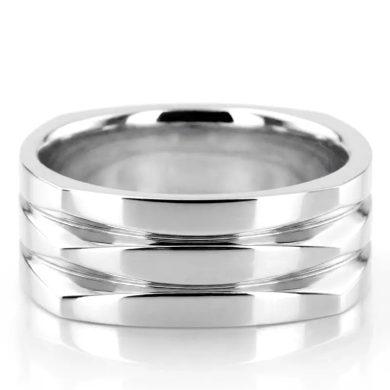 10K white gold 8mm. high polish basic-carved-square-wedding-band - main view