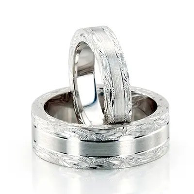 Hand-Engraved Floral Design Matching Wedding Rings - view 1 of 5