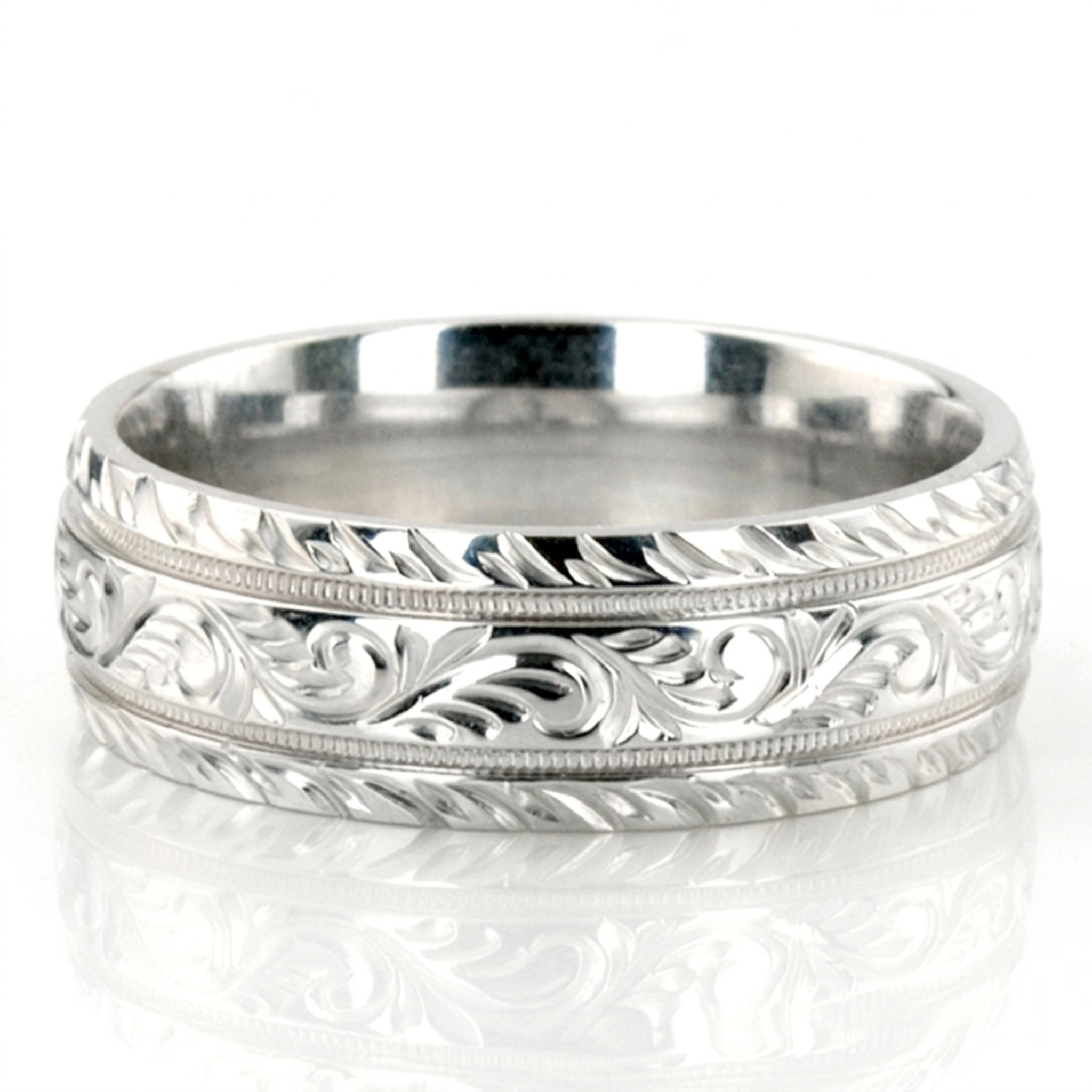 10K white gold 7mm. high polish hand-engraved-fancy-carved-wedding-band - alternate view 6