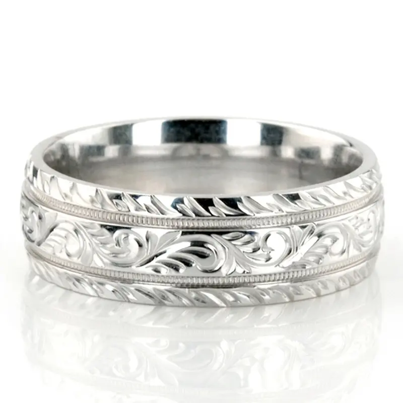 14K white gold 7mm. high polish hand-engraved-fancy-carved-wedding-band - alternate view 7