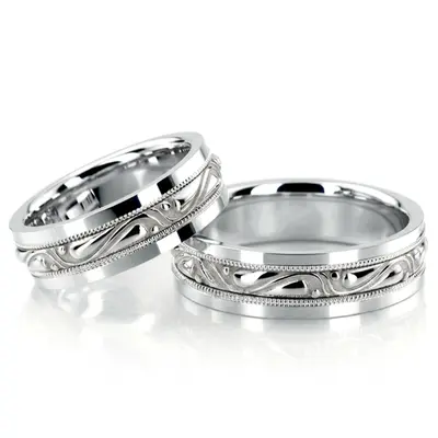 Hand Engraved Center Motif Wedding Rings Set - view 4 of 4