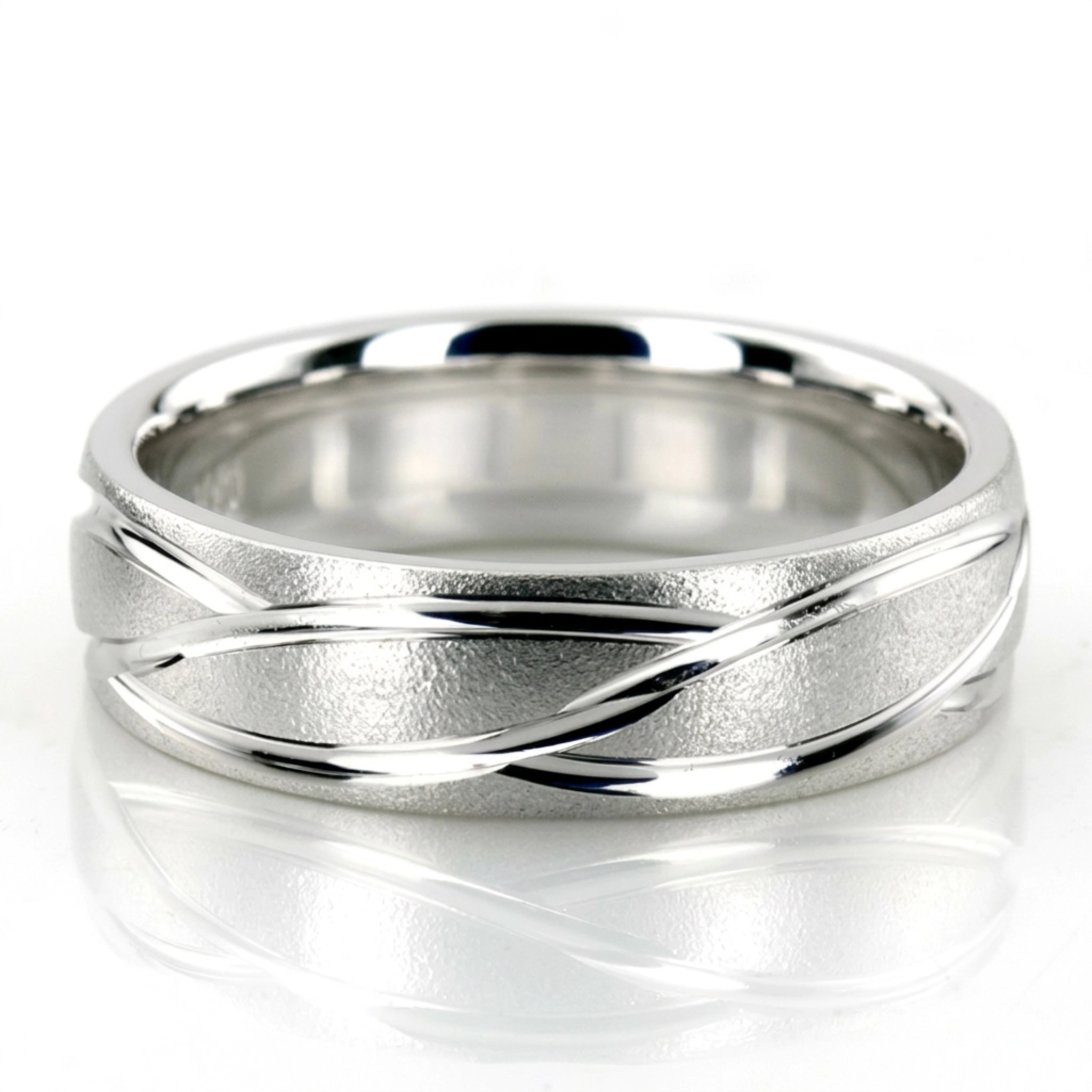 10K white gold 6mm. wire matte fancy-carved-diamond-cut-wedding-ring - main view