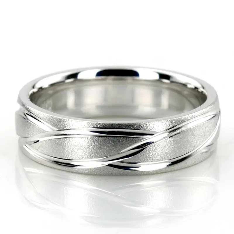 14K white gold 6mm. wire matte fancy-carved-diamond-cut-wedding-ring - main view