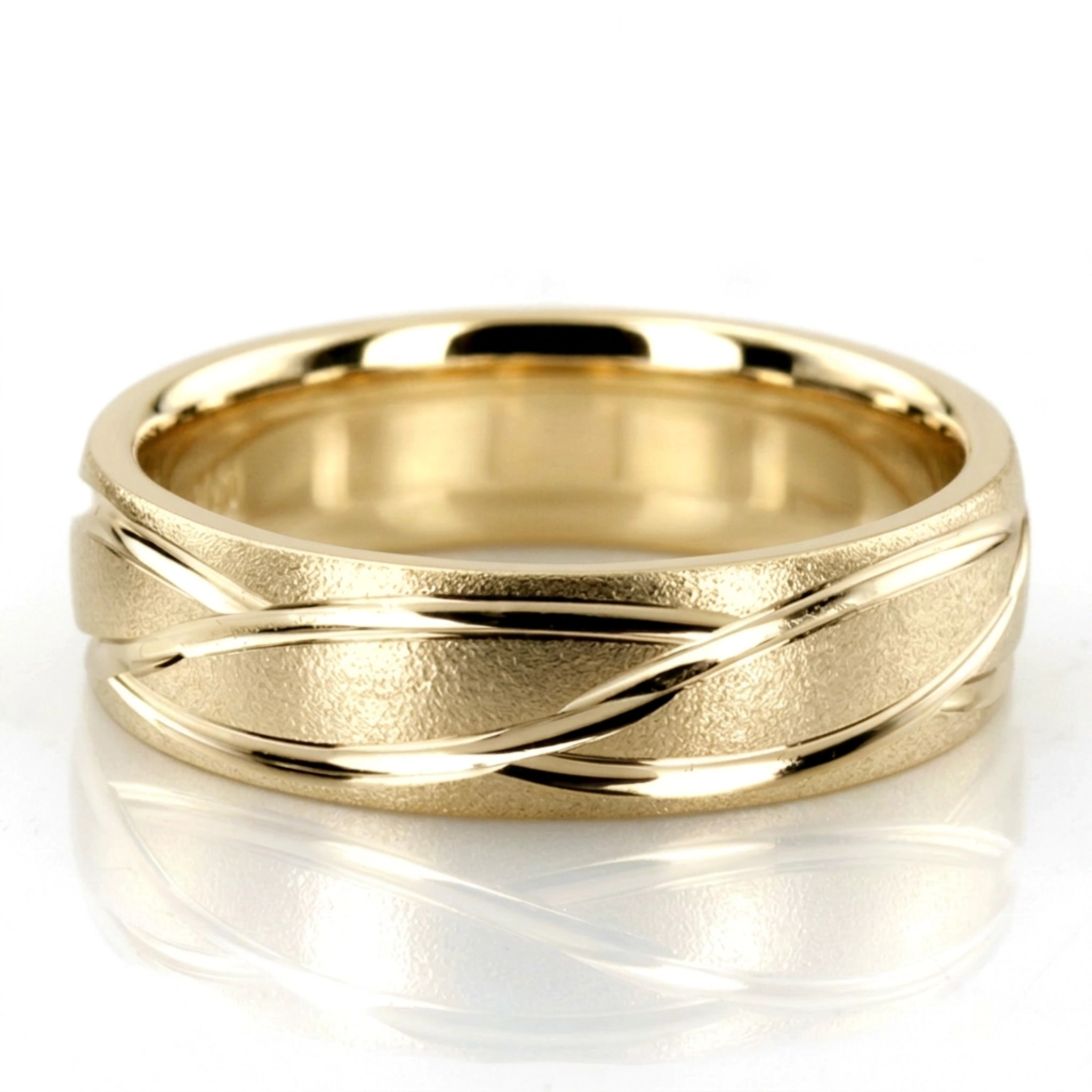 10K yellow gold 6mm. wire matte fancy-carved-diamond-cut-wedding-ring - alternate view 2