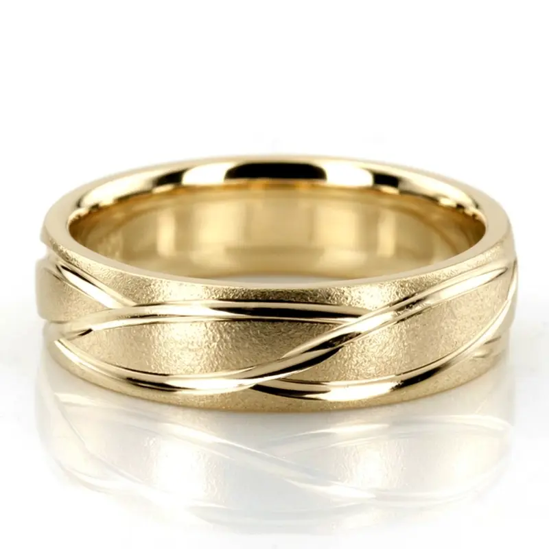 14K yellow gold 6mm. wire matte fancy-carved-diamond-cut-wedding-ring - alternate view 2