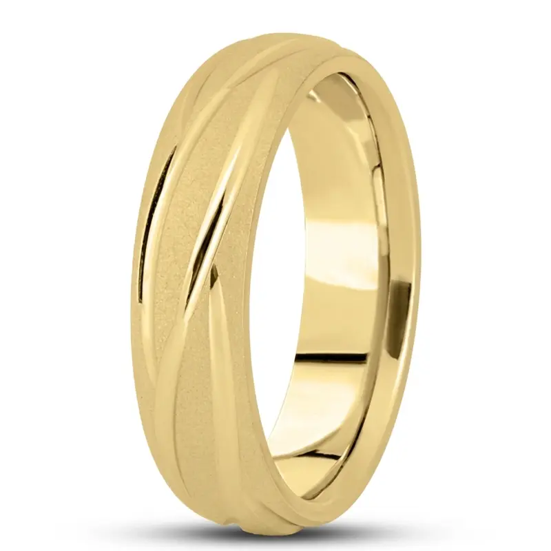 14K yellow gold 6mm. wire matte fancy-carved-diamond-cut-wedding-ring - alternate view 4