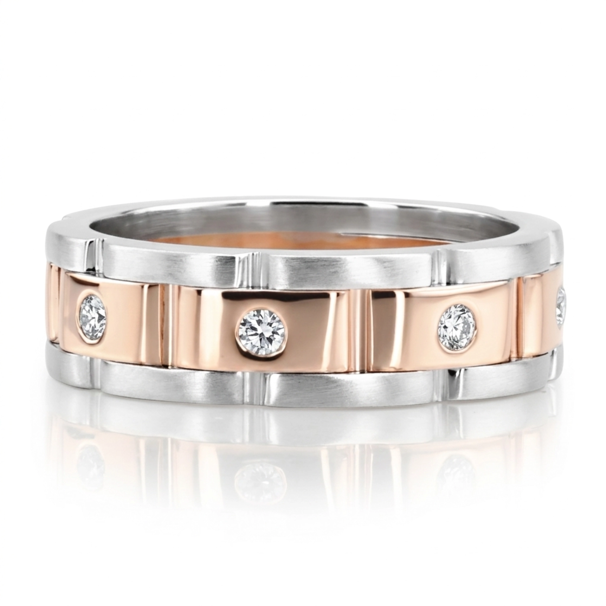 10K white-pink-white gold 6.5mm satin finish Rolex-Style-Round-Diamond-Wedding-Band - alternate view 4