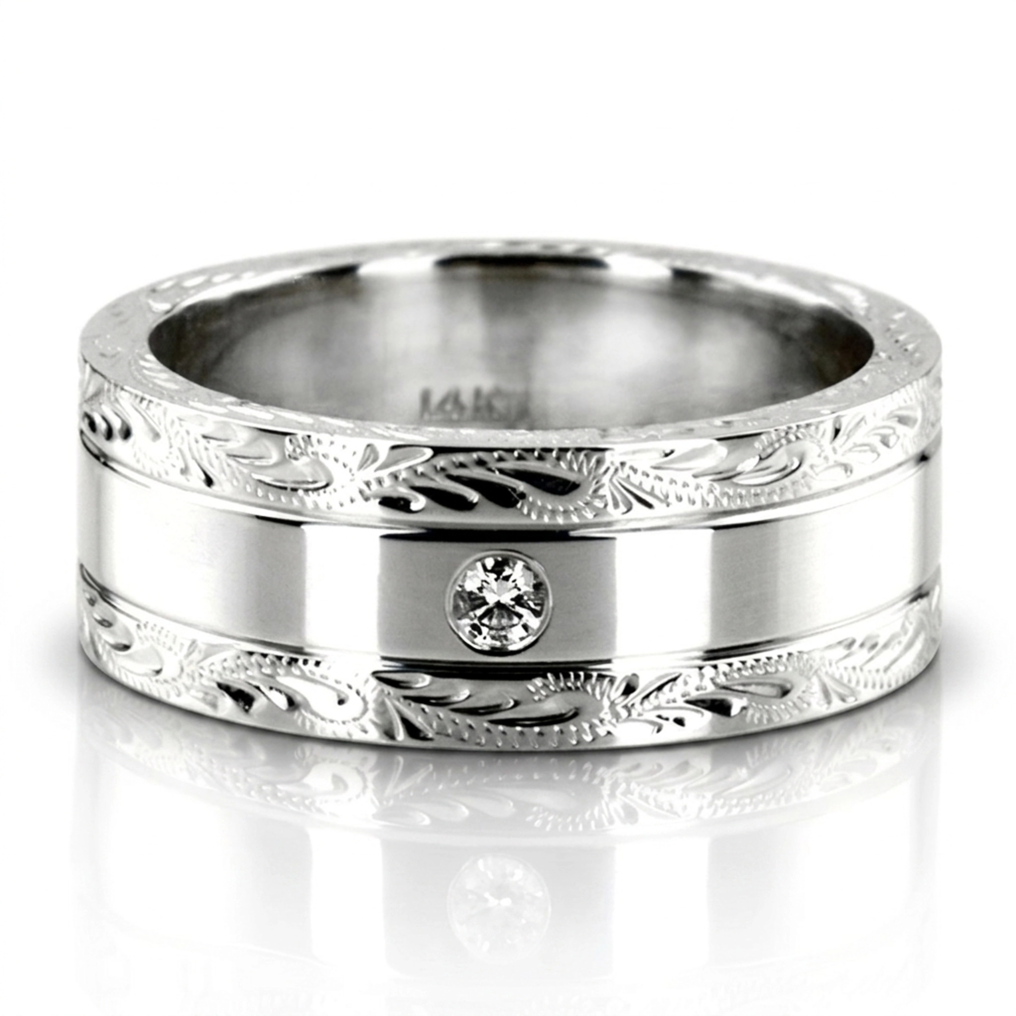 10K white gold 8mm. high polish floral-design-diamond-wedding-ring - main view