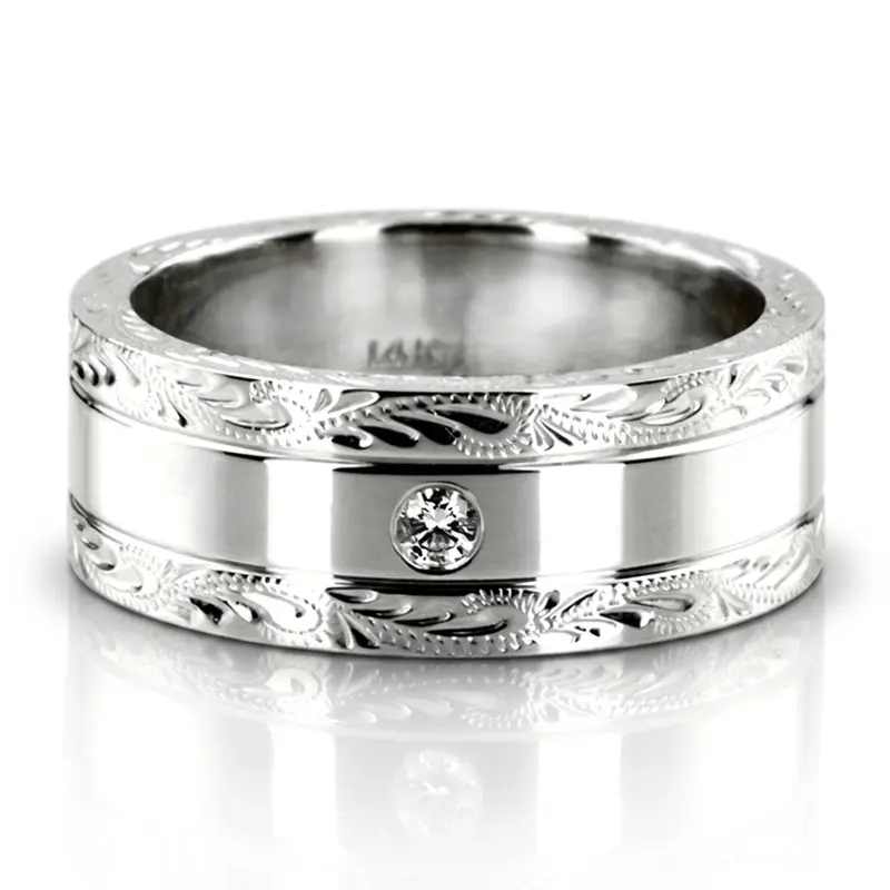 18K white gold 8mm. high polish floral-design-diamond-wedding-ring - main view