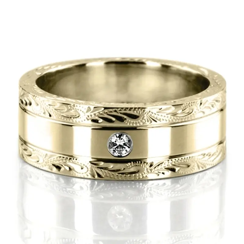 18K yellow gold 8mm. high polish floral-design-diamond-wedding-ring - alternate view 2