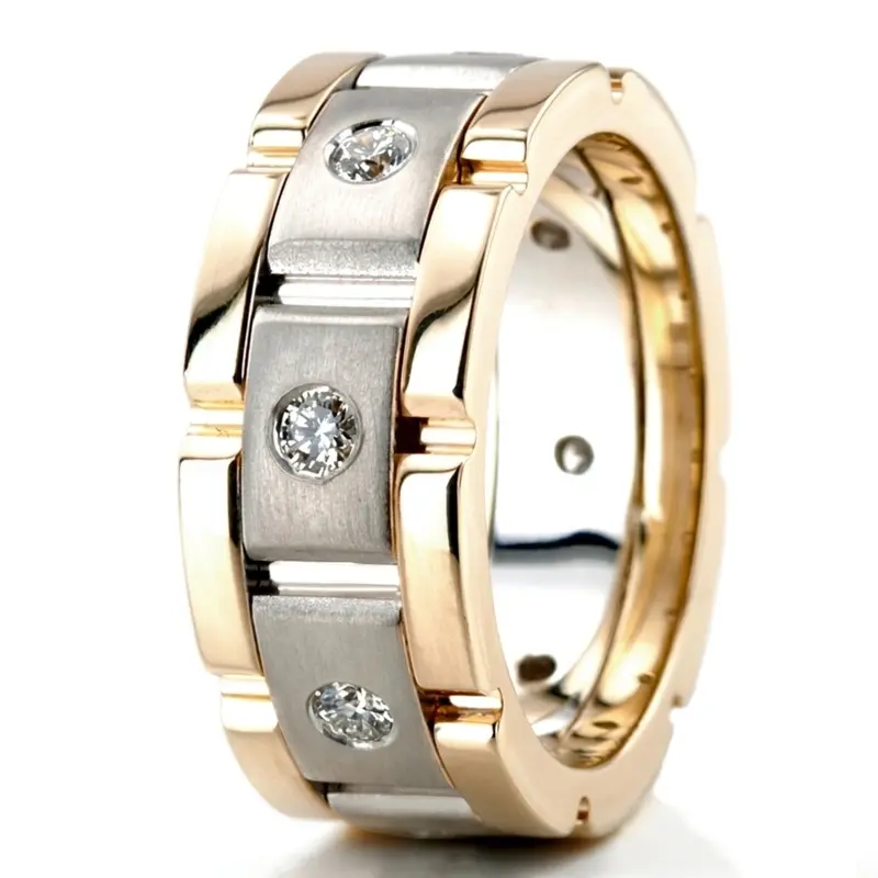 14K yellow-white-yellow gold 8.5mm. satin diamond-classic-round-wedding-band - alternate view 6