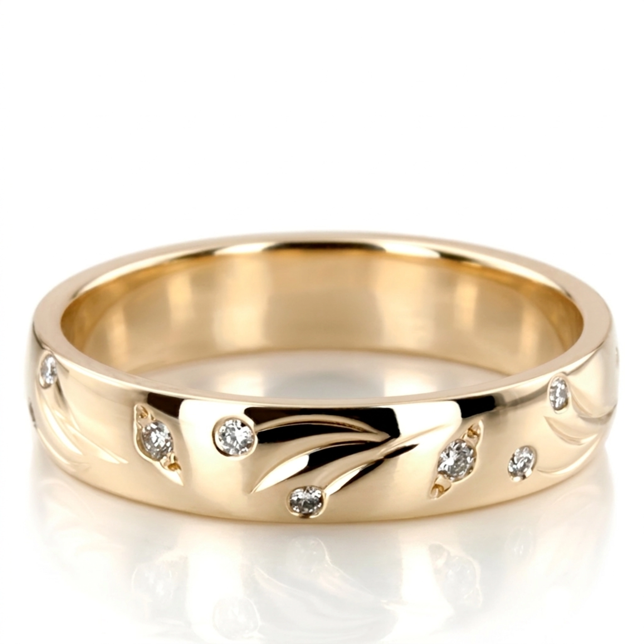 18K yellow gold 4mm. high polish Leaf-Carved-Diamond-Wedding-Ring - main view
