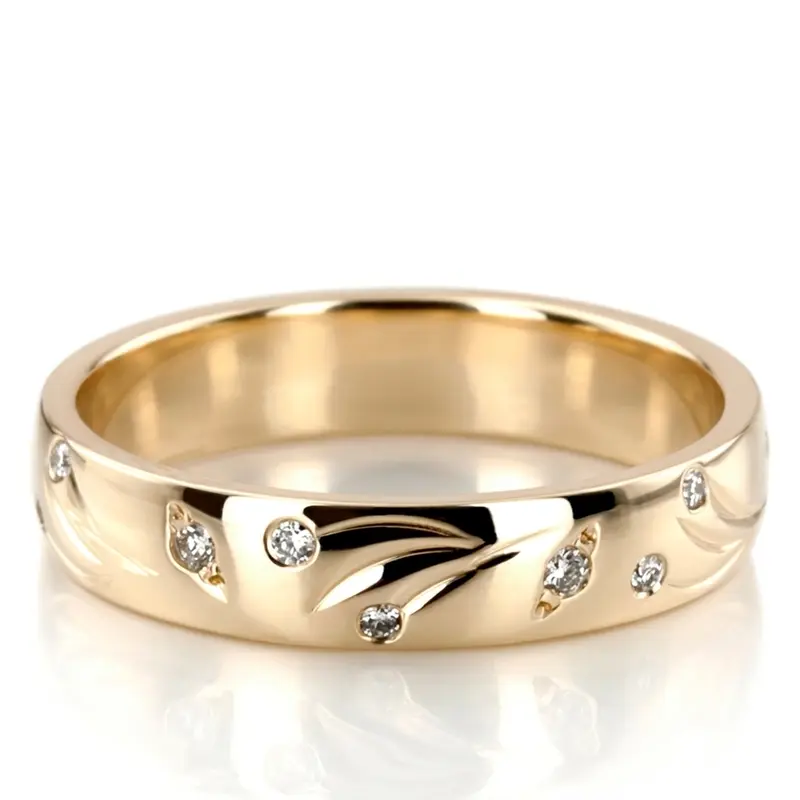 14K yellow gold 4mm. high polish Leaf-Carved-Diamond-Wedding-Ring - main view