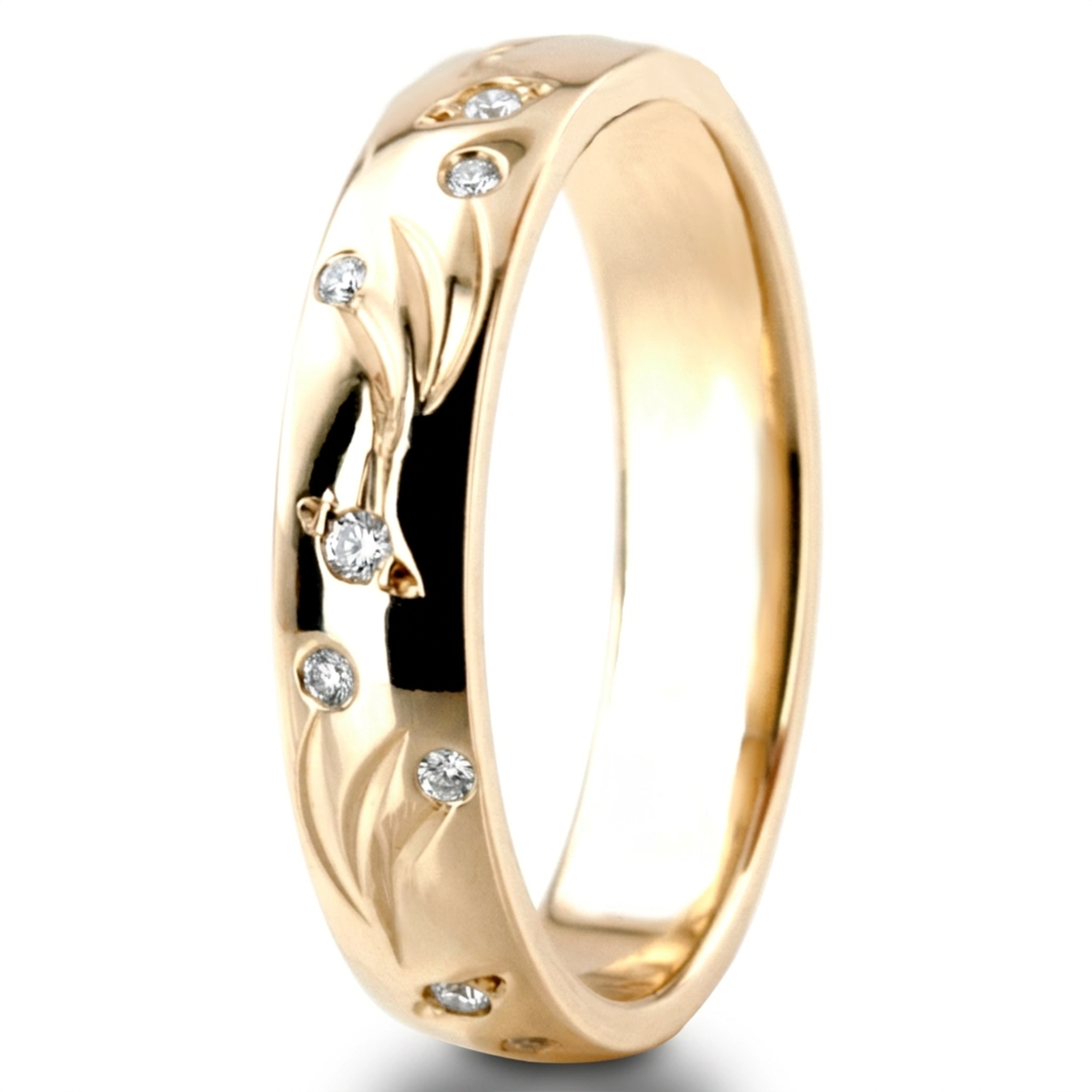 18K yellow gold 4mm. high polish Leaf-Carved-Diamond-Wedding-Ring - alternate view 3