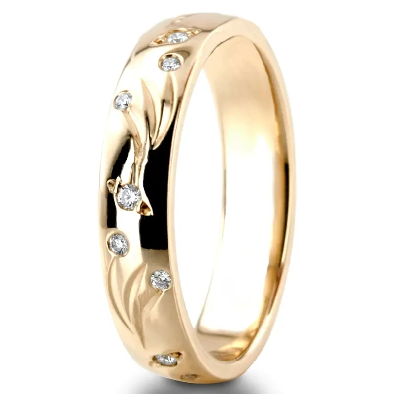 14K yellow gold 4mm. high polish Leaf-Carved-Diamond-Wedding-Ring - alternate view 3