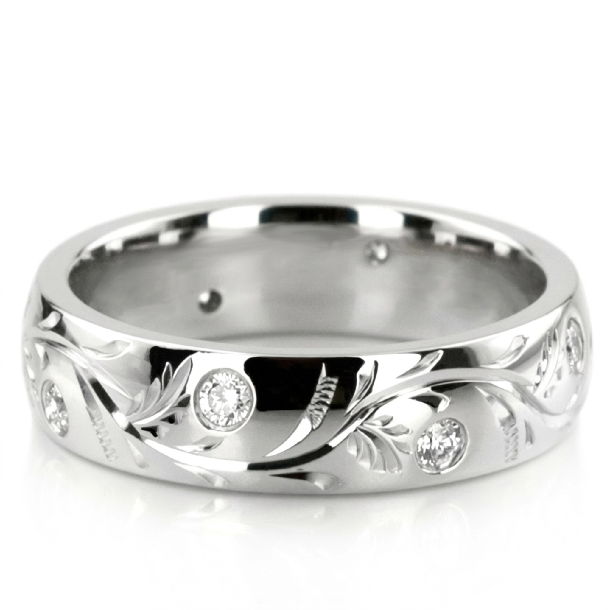 10K white gold 5mm. high polish Chic-Diamond-Floral-Wedding-Band - main view