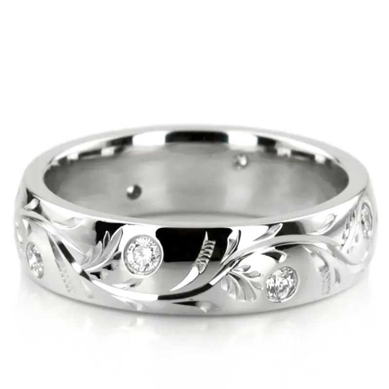 18K white gold 5mm. high polish Chic-Diamond-Floral-Wedding-Band - main view