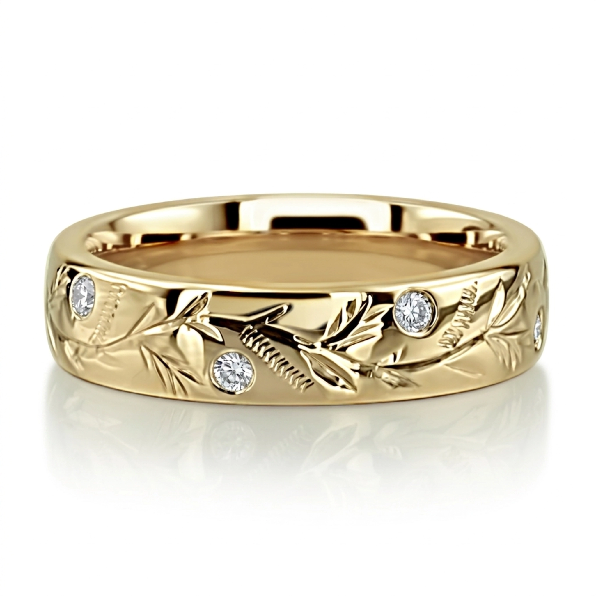 10K yellow gold 5mm. high polish Chic-Diamond-Floral-Wedding-Band - alternate view 2