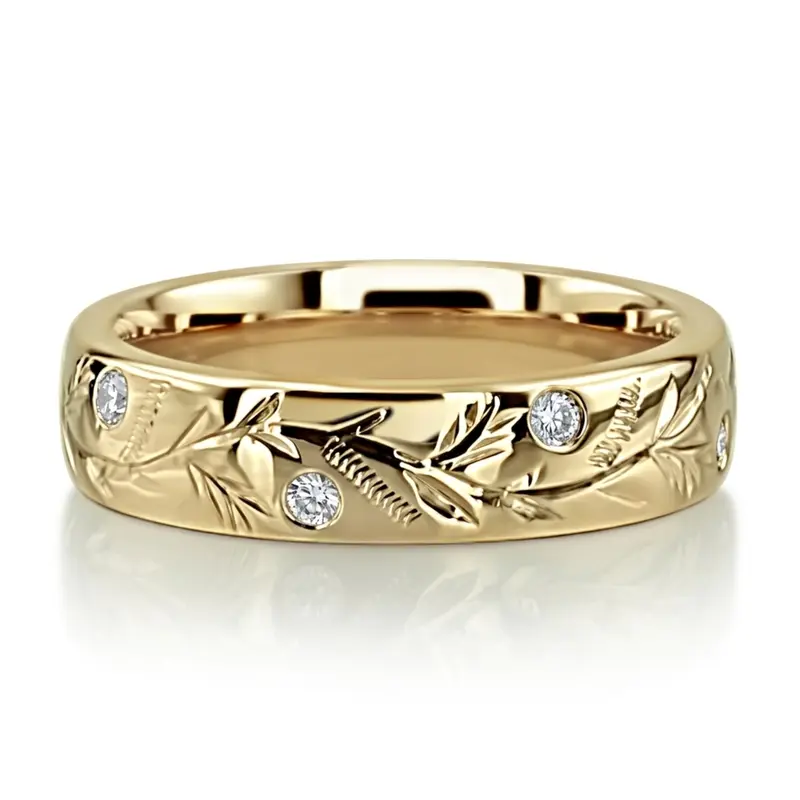 18K yellow gold 5mm. high polish Chic-Diamond-Floral-Wedding-Band - alternate view 2