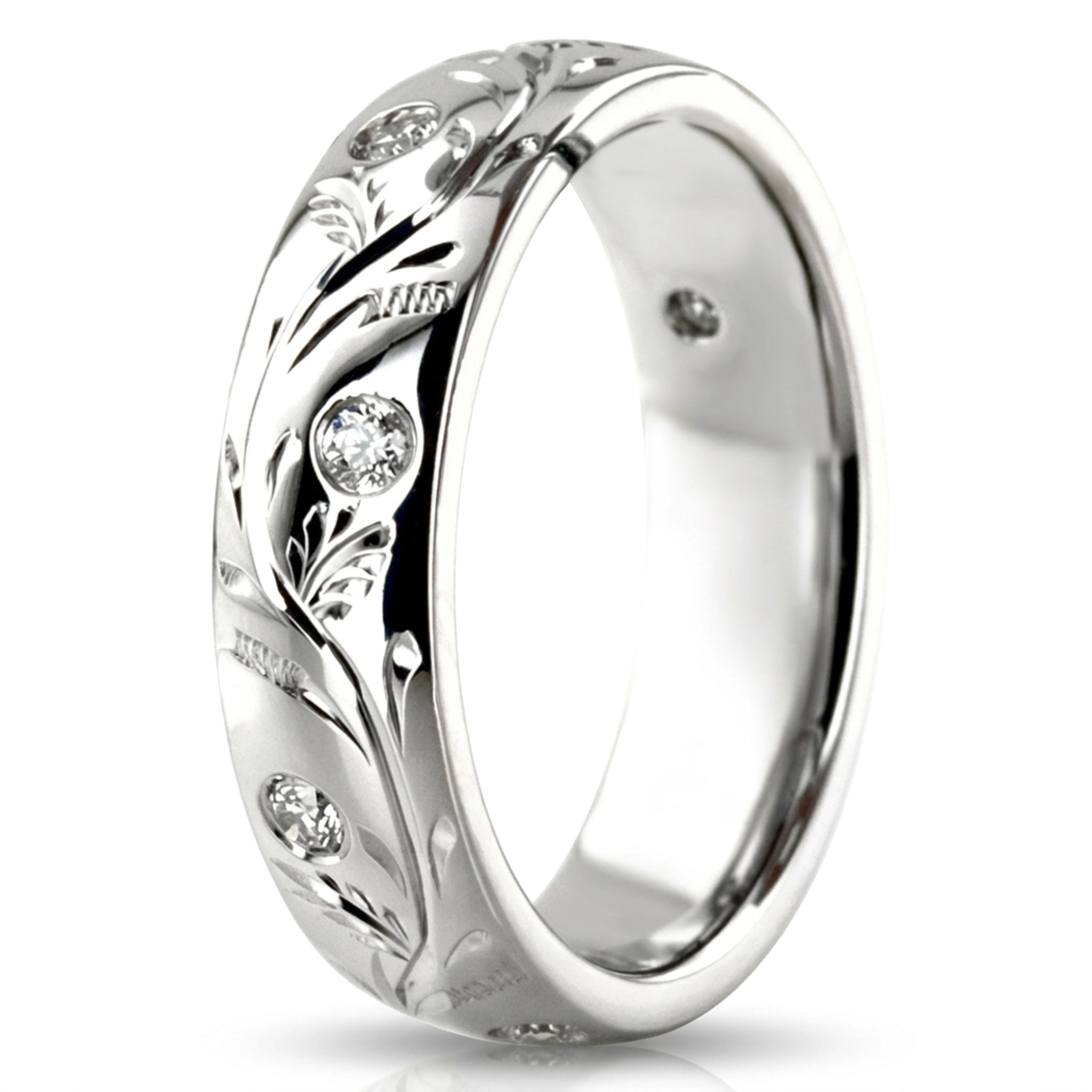 10K white gold 5mm. high polish Chic-Diamond-Floral-Wedding-Band - alternate view 3