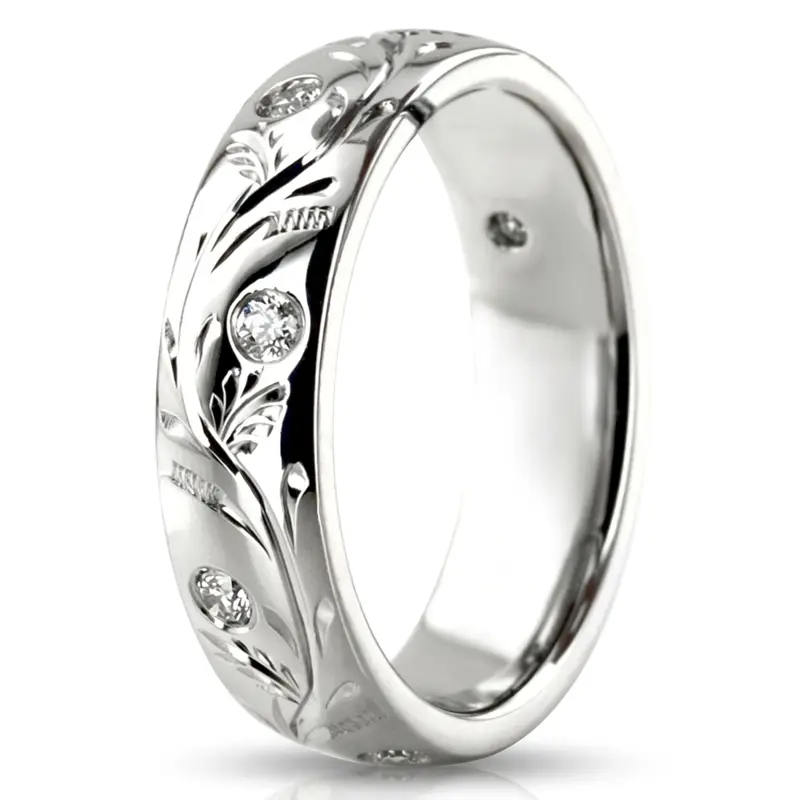 18K white gold 5mm. high polish Chic-Diamond-Floral-Wedding-Band - alternate view 3