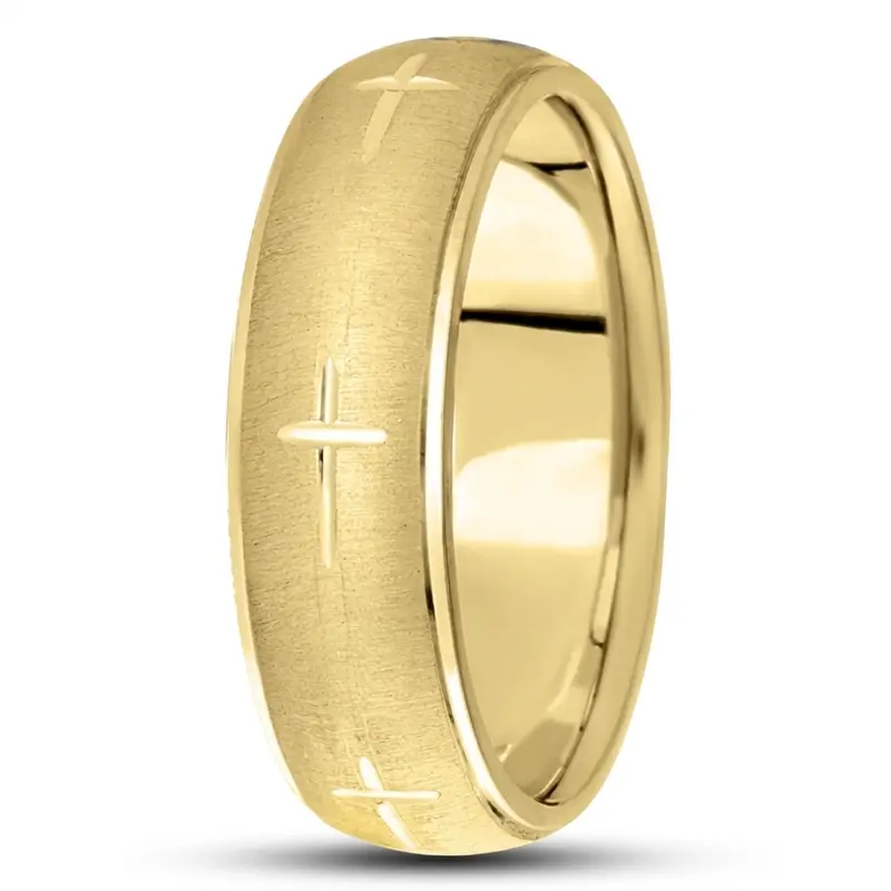 18K yellow gold 6.5mm cross satin basic-carved-religious-wedding-band - alternate view 7