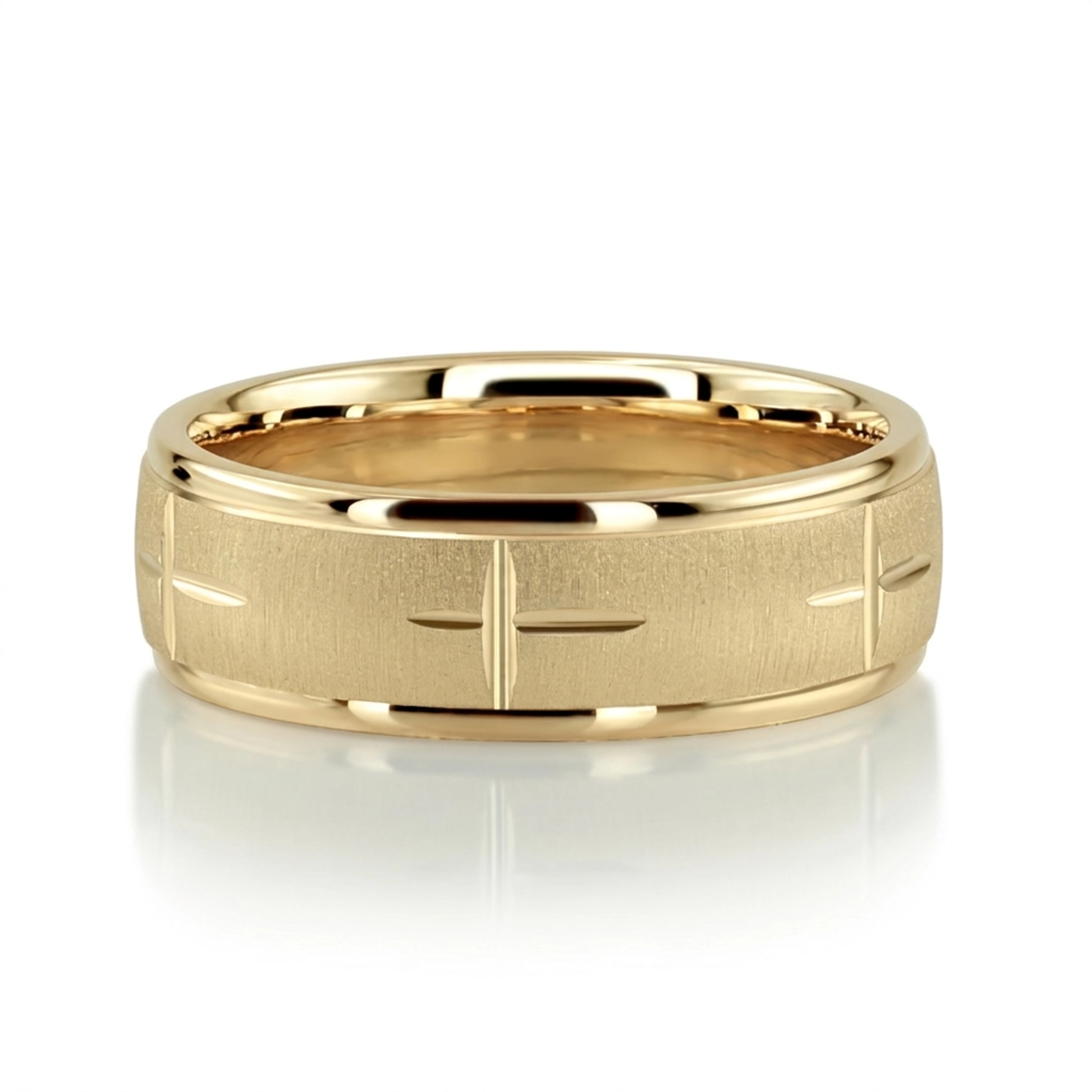 10K yellow gold 7.5mm. cross satin basic-carved-religious-wedding-band - alternate view 4