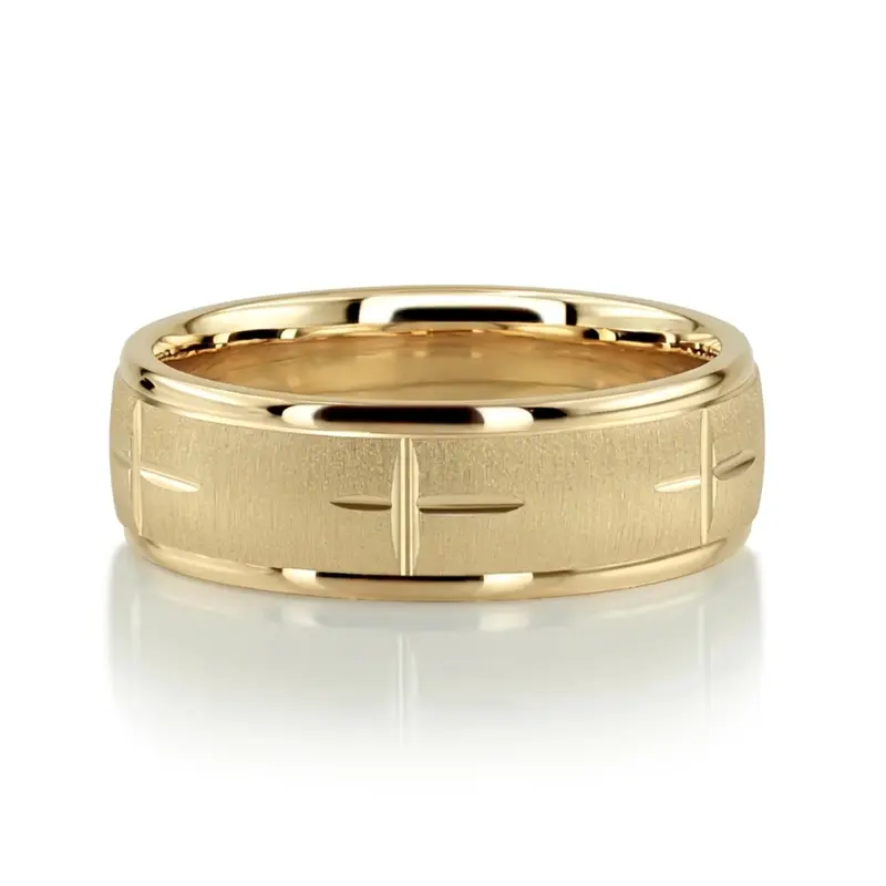 18K yellow gold 7.5mm. cross satin basic-carved-religious-wedding-band - alternate view 2