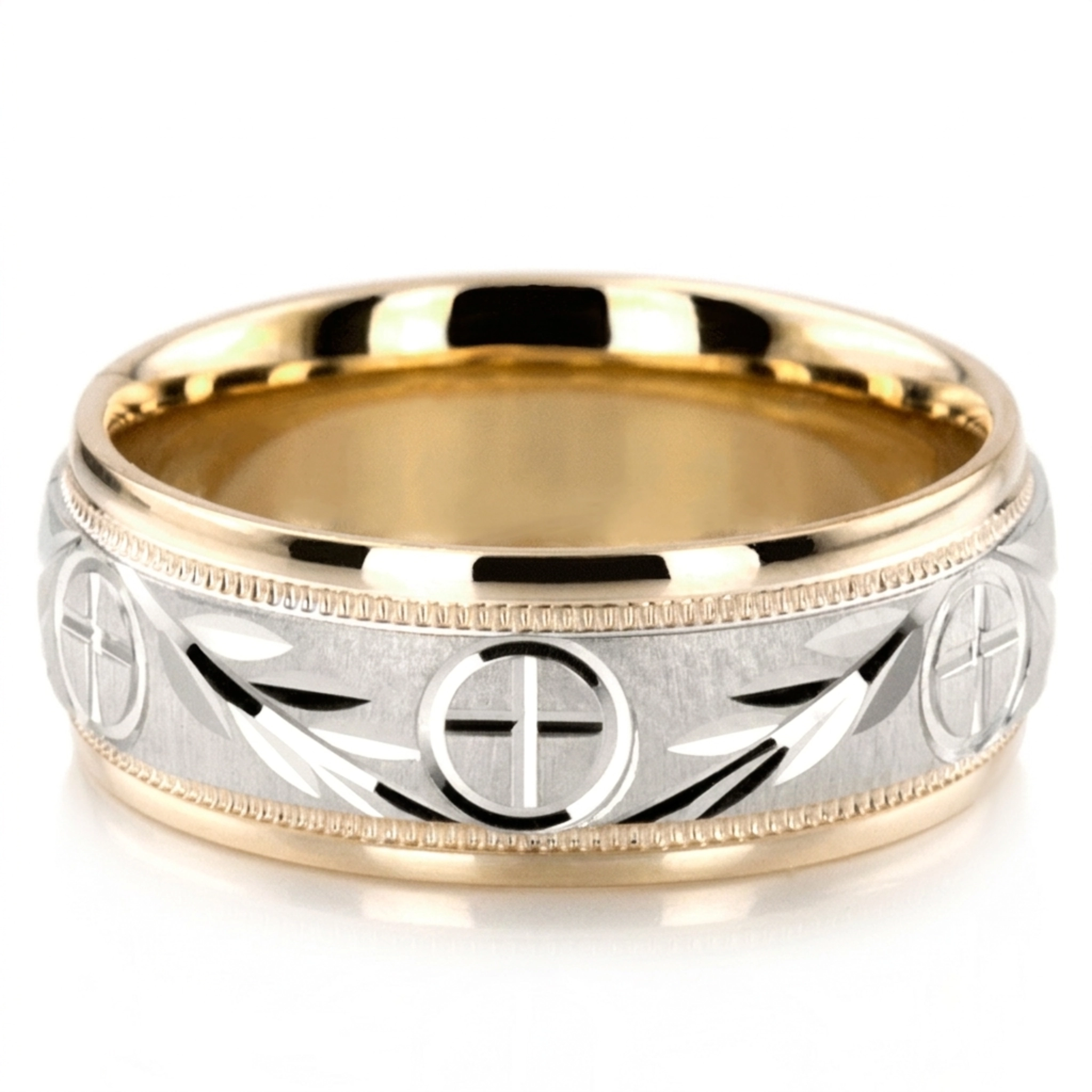 10K yellow-white-yellow gold 7mm. glass-bead Religious-Leaf-Design-Wedding-Band - alternate view 3