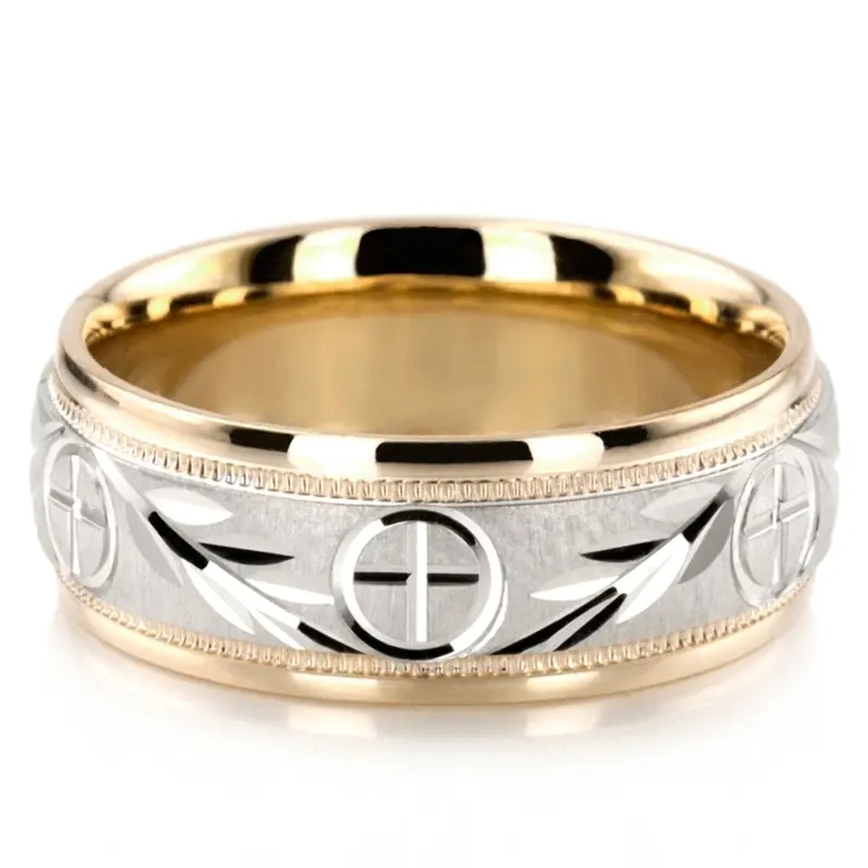 10K yellow-white-yellow gold 7mm. glass-bead Religious-Leaf-Design-Wedding-Band - alternate view 3