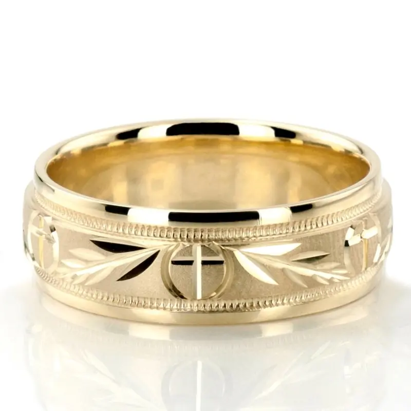 10K yellow gold 7mm. glass-bead Religious-Leaf-Design-Wedding-Band - alternate view 4