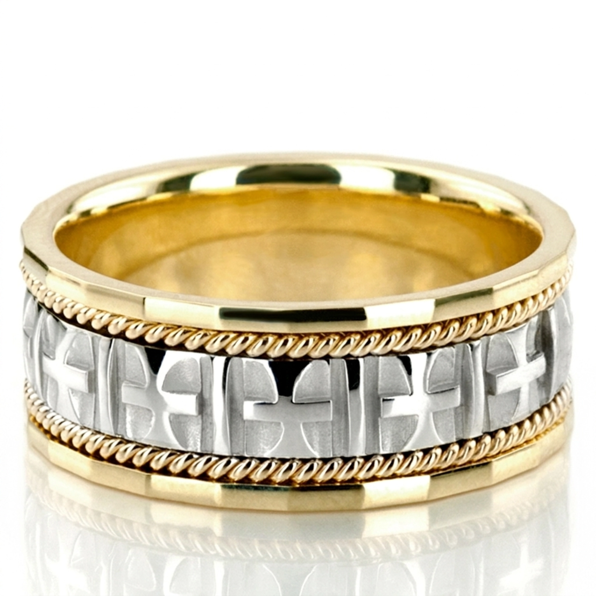 10K yellow-white-yellow gold 10mm. high polish hand-made-religious-wedding-band - alternate view 3