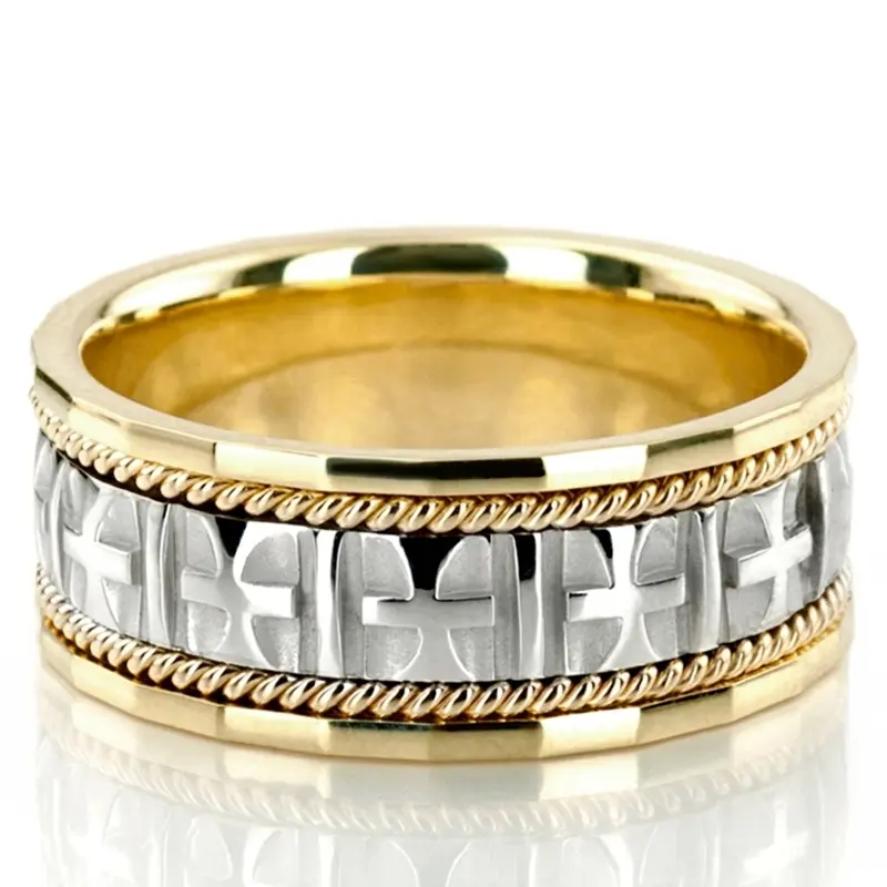 18K yellow-white-yellow gold 10mm. high polish hand-made-religious-wedding-band - alternate view 3