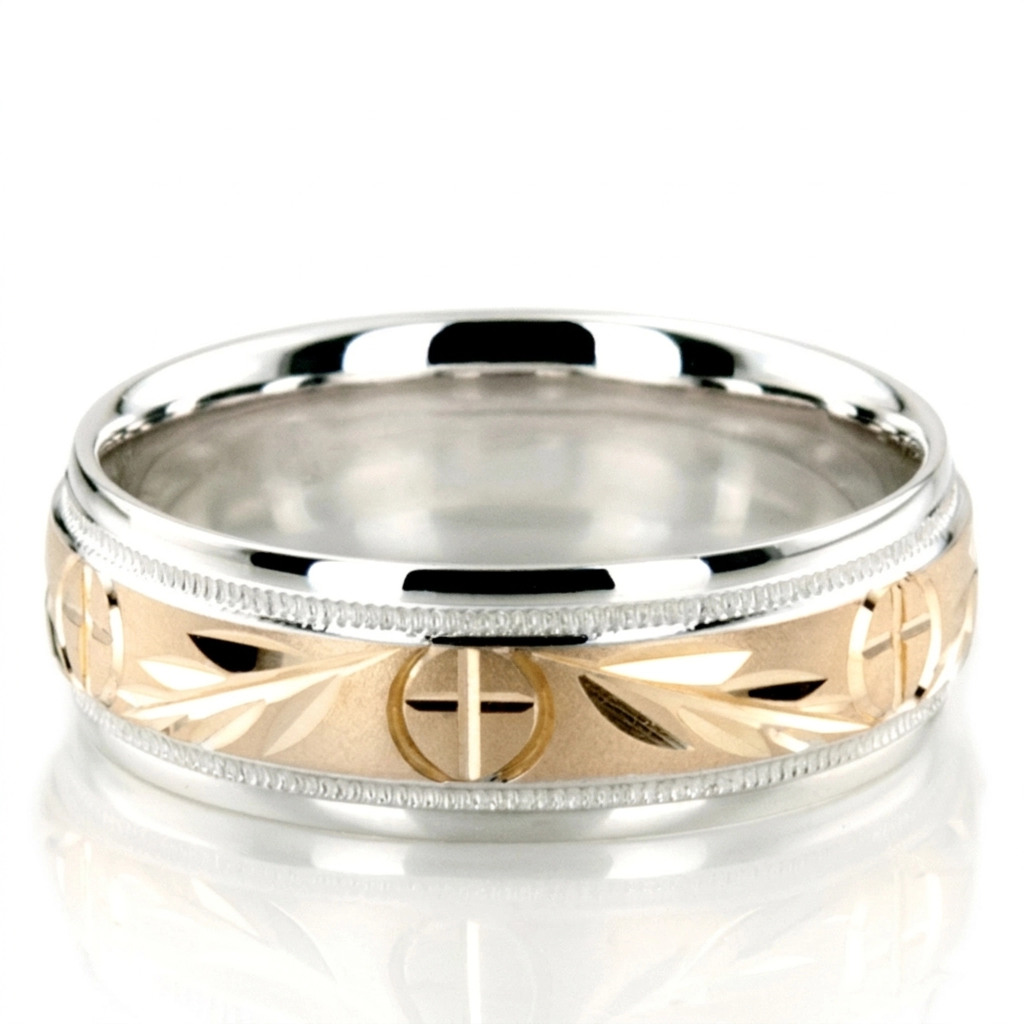 10K white-yellow-white gold 7mm. glass-bead Religious-Leaf-Design-Wedding-Band - alternate view 5