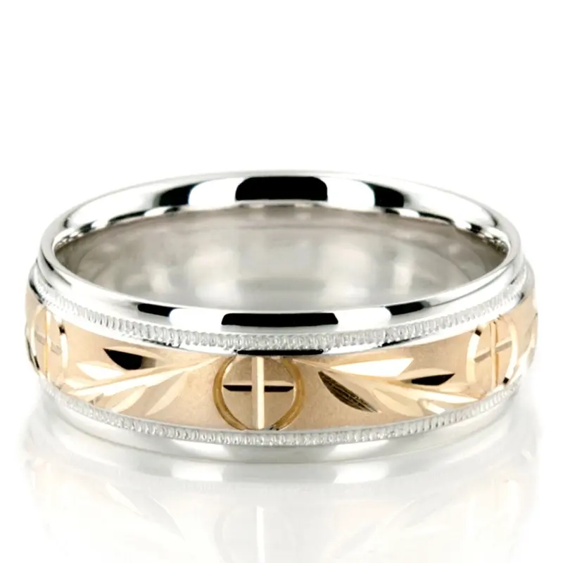 10K white-yellow-white gold 7mm. glass-bead Religious-Leaf-Design-Wedding-Band - alternate view 5