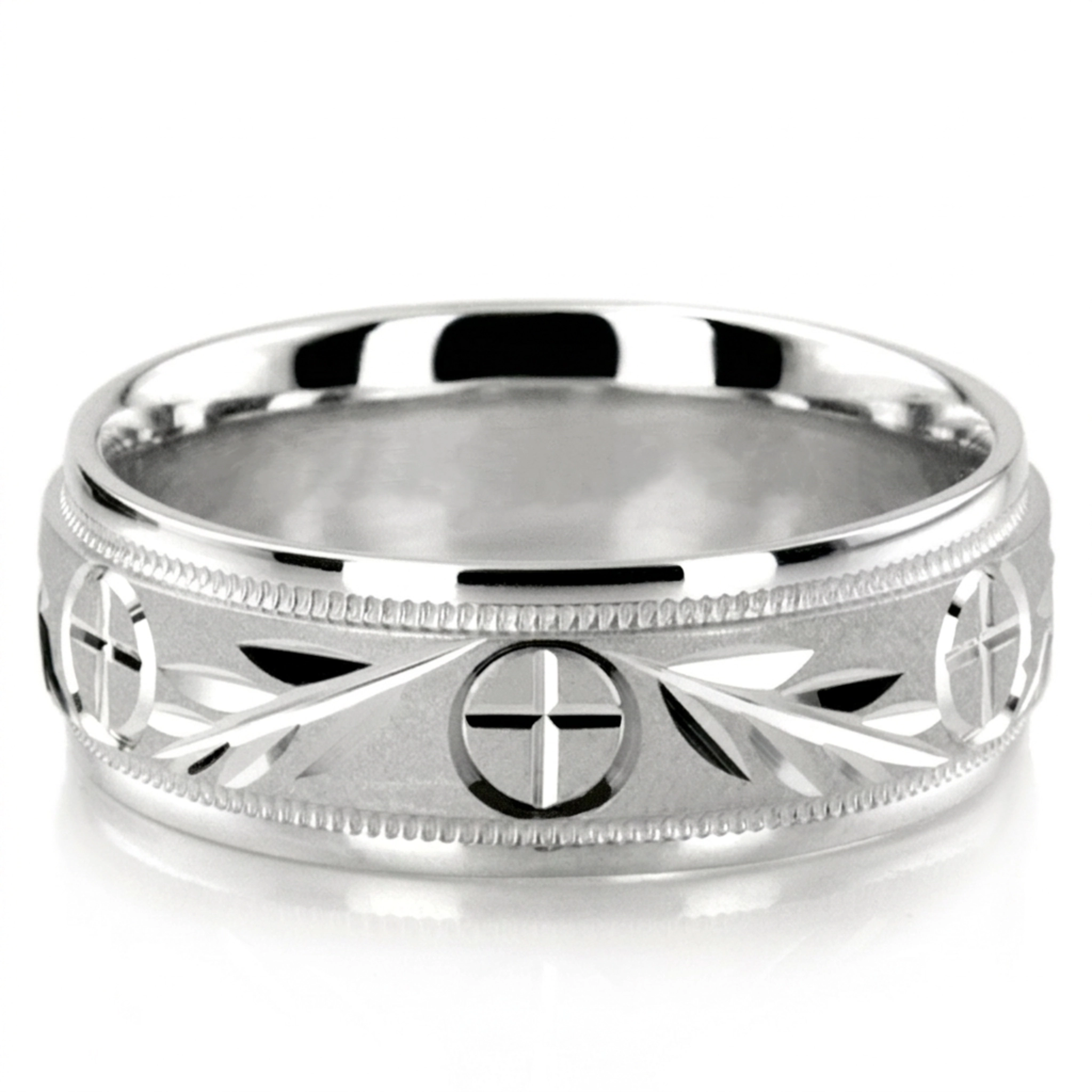 10K white gold 7mm. glass-bead Religious-Leaf-Design-Wedding-Band - alternate view 7