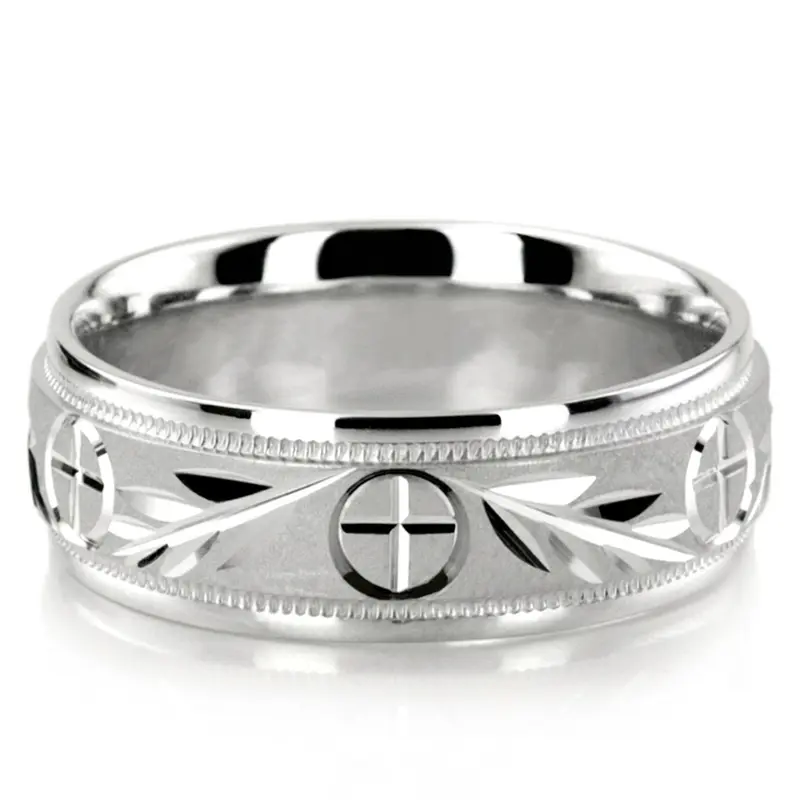 10K white gold 7mm. glass-bead Religious-Leaf-Design-Wedding-Band - alternate view 7
