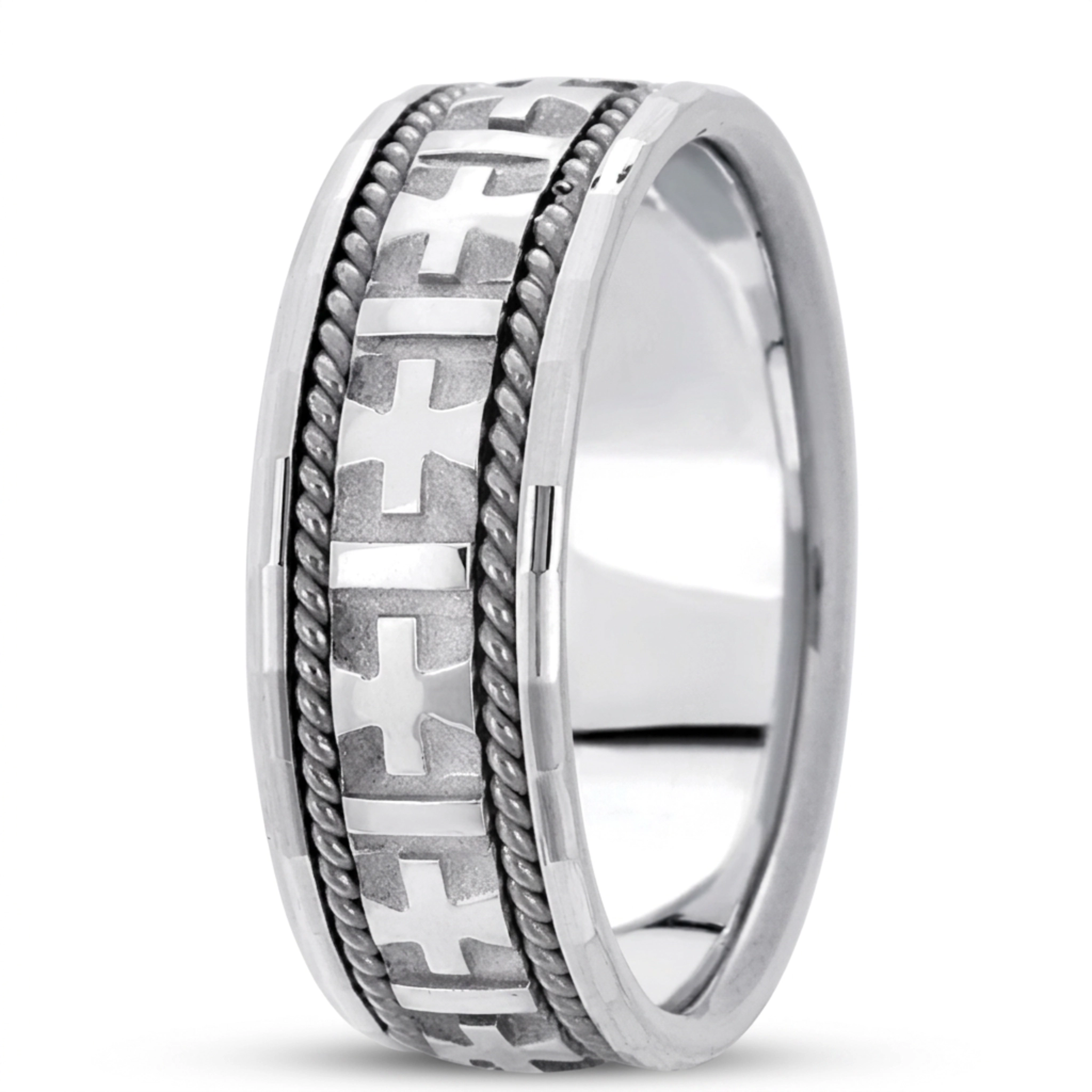 10K white gold 8mm. high polish hand-made-religious-wedding-band - main view
