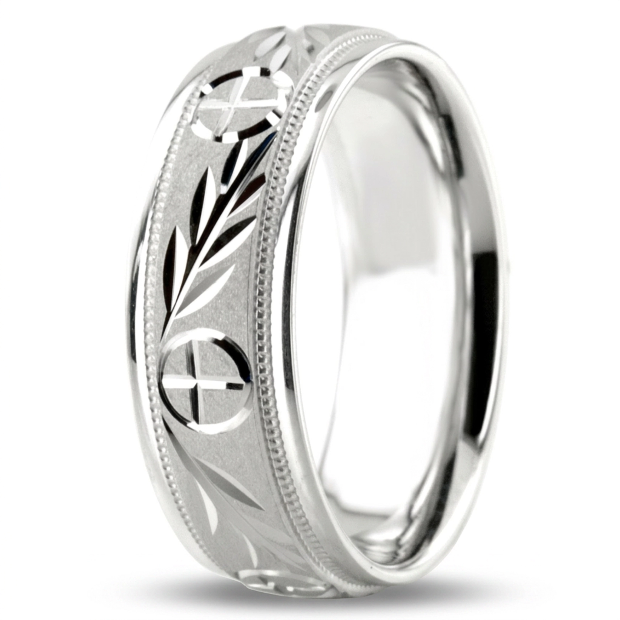 10K white gold 7mm. glass-bead Religious-Leaf-Design-Wedding-Band - alternate view 8