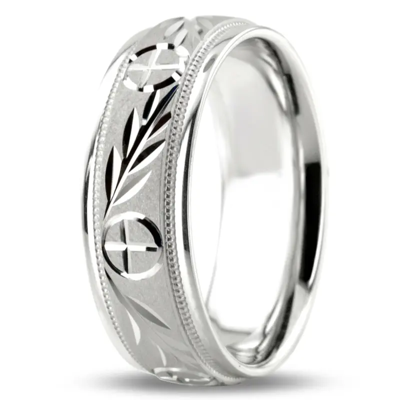 10K white gold 7mm. glass-bead Religious-Leaf-Design-Wedding-Band - alternate view 8